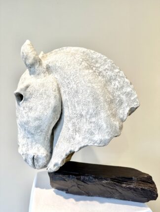 Stone resin horse head sculpture "Mask of Arion" by Jilly Vainer